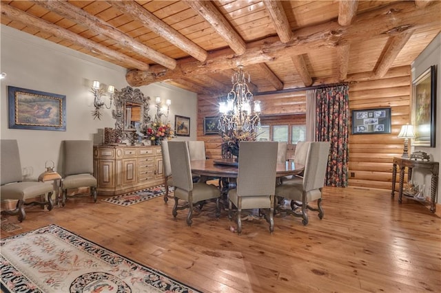 14501 Woolsey Rd, Hampton, GA 30228 - dining room featuring a wooden ceiling with exposed beams, hardwood / wood-style flooring, rustic walls, and a chandelier