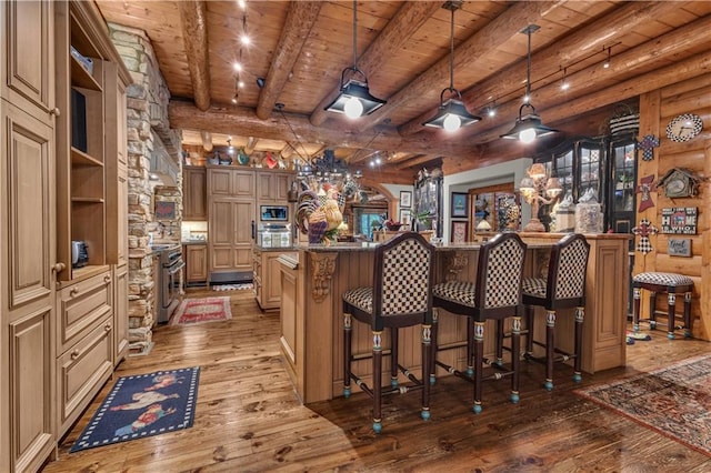 14501 Woolsey Rd, Hampton, GA 30228 - bar featuring appliances with stainless steel finishes, light wood-style floors, a wood ceiling with exposed beams, and decorative light fixtures