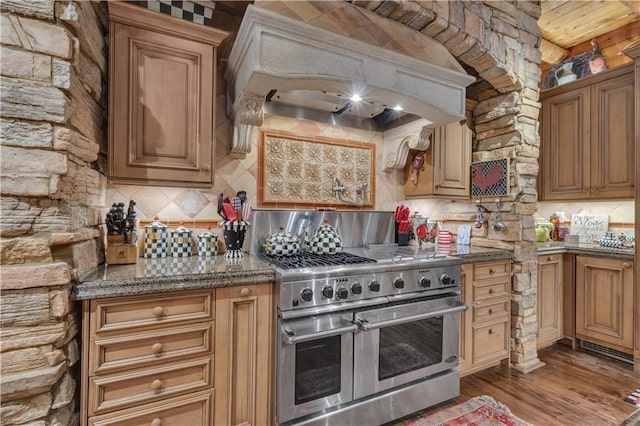 14501 Woolsey Rd, Hampton, GA 30228 - kitchen featuring double oven range, custom range hood, backsplash, and wood finished floors