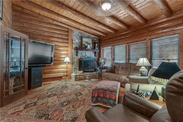 14501 Woolsey Rd, Hampton, GA 30228 - living room featuring a wood ceiling with exposed beams, a stone fireplace, and rustic walls