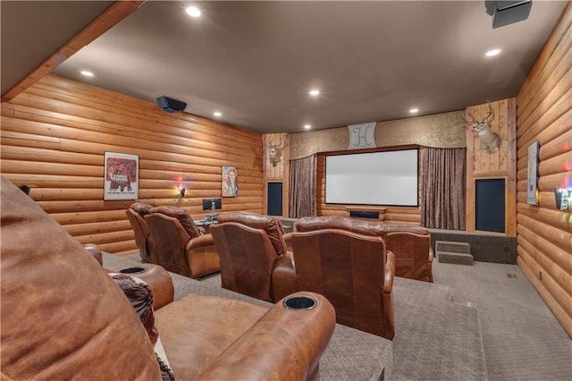 14501 Woolsey Rd, Hampton, GA 30228 - home theater room featuring log walls, recessed lighting, and carpet floors