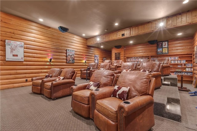 14501 Woolsey Rd, Hampton, GA 30228 - home theater room with carpet floors, log walls, and recessed lighting