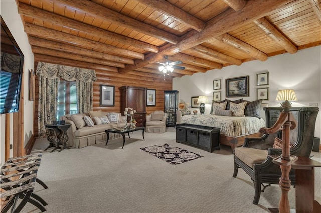 14501 Woolsey Rd, Hampton, GA 30228 - carpeted bedroom with a wooden ceiling with exposed beams and log walls