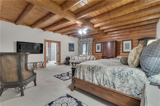 14501 Woolsey Rd, Hampton, GA 30228 - bedroom with a wood ceiling with exposed beams, carpet, and rustic walls