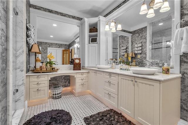 14501 Woolsey Rd, Hampton, GA 30228 - bathroom with a chandelier, crown molding, a marble finish shower, double vanity, and wallpapered walls