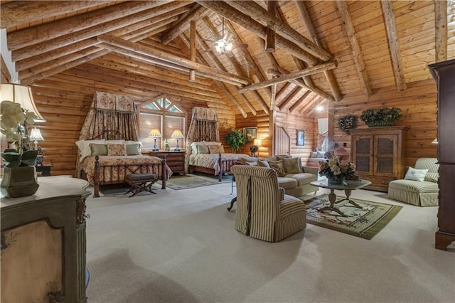 14501 Woolsey Rd, Hampton, GA 30228 - living room featuring a wood ceiling with exposed beams, high vaulted ceiling, rustic walls, and carpet flooring