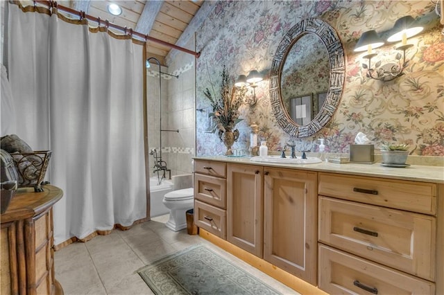14501 Woolsey Rd, Hampton, GA 30228 - bathroom featuring wallpapered walls, wooden ceiling, vanity, vaulted ceiling, and shower / bath combo