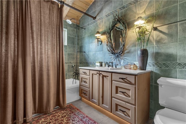 14501 Woolsey Rd, Hampton, GA 30228 - full bath featuring tile walls, shower / bath combination with curtain, vanity, tile patterned floors, and wooden ceiling