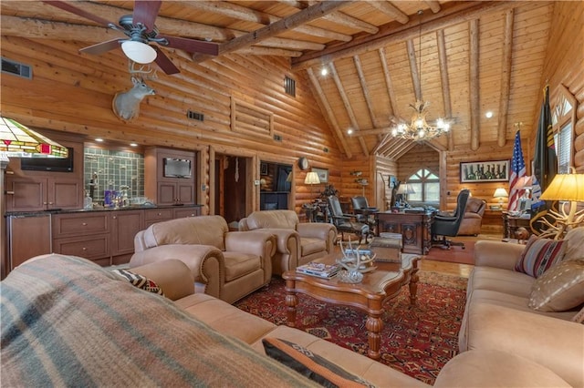 14501 Woolsey Rd, Hampton, GA 30228 - living room with a wood ceiling with exposed beams, a chandelier, rustic walls, wood finished floors, and high vaulted ceiling