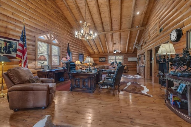 14501 Woolsey Rd, Hampton, GA 30228 - home office with rustic walls, a wooden ceiling with exposed beams, a chandelier, hardwood / wood-style flooring, and high vaulted ceiling