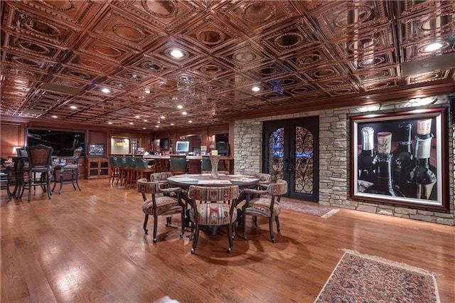 14501 Woolsey Rd, Hampton, GA 30228 - dining area with french doors, an ornate ceiling, wood finished floors, and crown molding