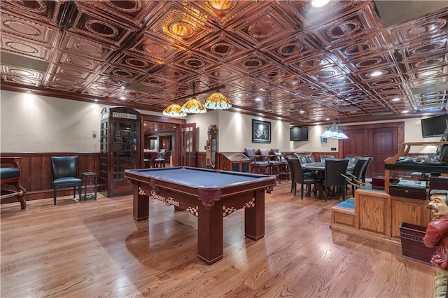 14501 Woolsey Rd, Hampton, GA 30228 - game room featuring an ornate ceiling, wood finished floors, a wainscoted wall, and billiards table