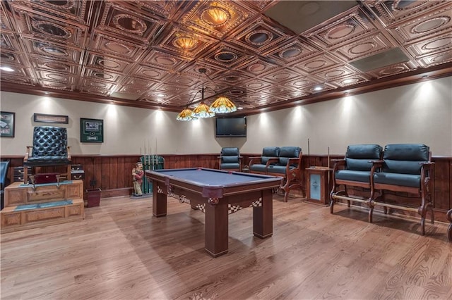 14501 Woolsey Rd, Hampton, GA 30228 - rec room with an ornate ceiling, a wainscoted wall, light wood-style flooring, billiards, and crown molding