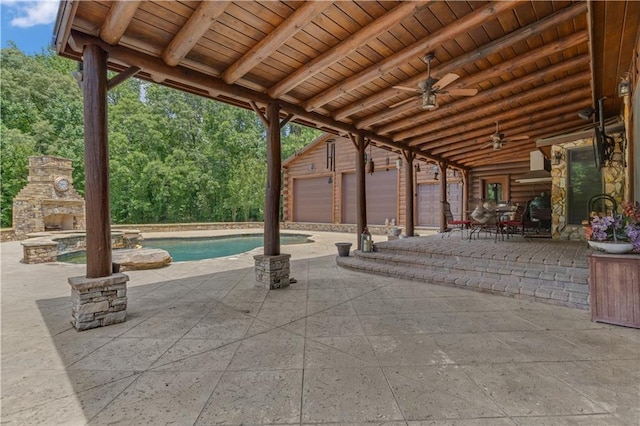 14501 Woolsey Rd, Hampton, GA 30228 - view of patio featuring an outdoor pool, a ceiling fan, and an outdoor structure