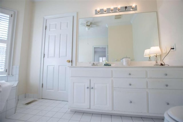 bathroom with a ceiling fan, tile patterned flooring, double vanity, and toilet