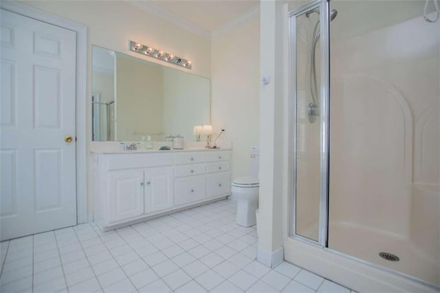 full bathroom with ornamental molding, a shower stall, toilet, double vanity, and tile patterned floors