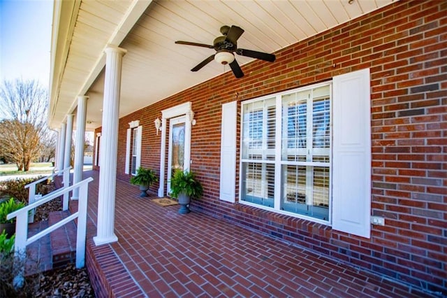 view of patio / terrace featuring ceiling fan and a porch