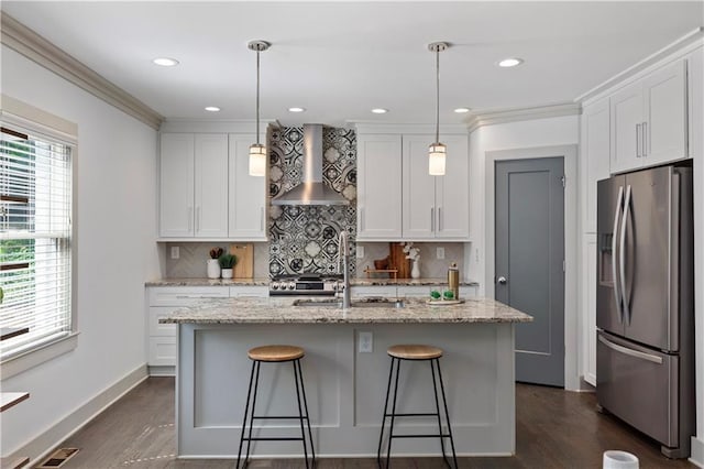 103 Willow Wood Cir SE, Atlanta, GA 30317 - kitchen with stainless steel fridge with ice dispenser, wall chimney range hood, tasteful backsplash, a sink, and white cabinetry