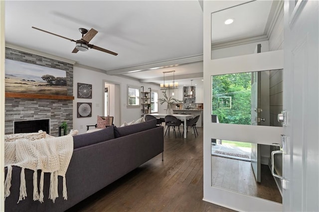 103 Willow Wood Cir SE, Atlanta, GA 30317 - living area featuring crown molding, dark wood-style flooring, a fireplace, ceiling fan, and recessed lighting