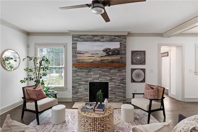 103 Willow Wood Cir SE, Atlanta, GA 30317 - living area with a ceiling fan, crown molding, baseboards, wood finished floors, and a tiled fireplace