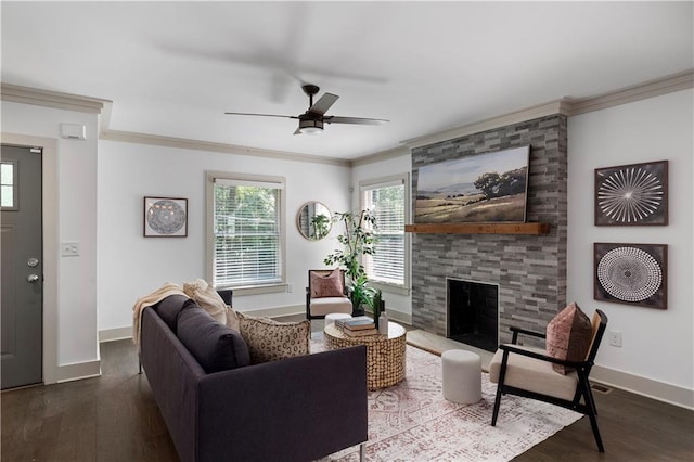 103 Willow Wood Cir SE, Atlanta, GA 30317 - living room featuring crown molding, ceiling fan, baseboards, and dark wood-type flooring
