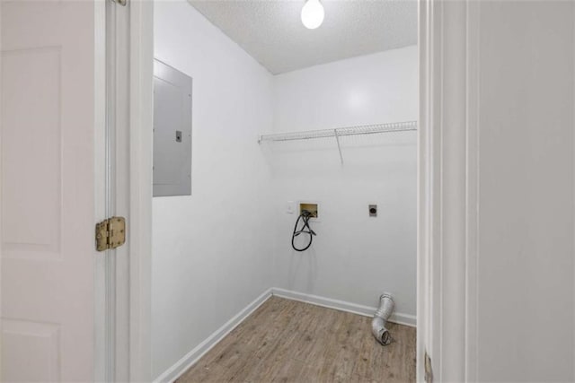 washroom featuring a textured ceiling, electric panel, electric dryer hookup, washer hookup, and light hardwood / wood-style floors