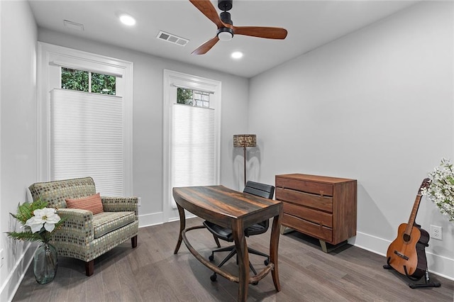 office area with recessed lighting, visible vents, baseboards, and wood finished floors