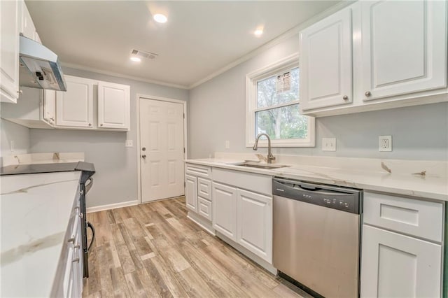 kitchen featuring sink, stainless steel dishwasher, white cabinets, and light stone counters