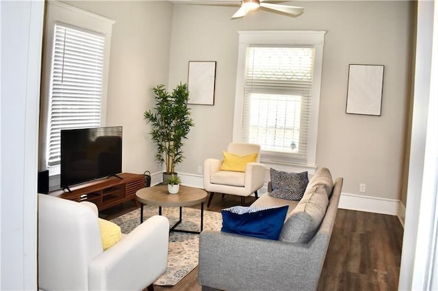 living room with hardwood / wood-style floors and ceiling fan