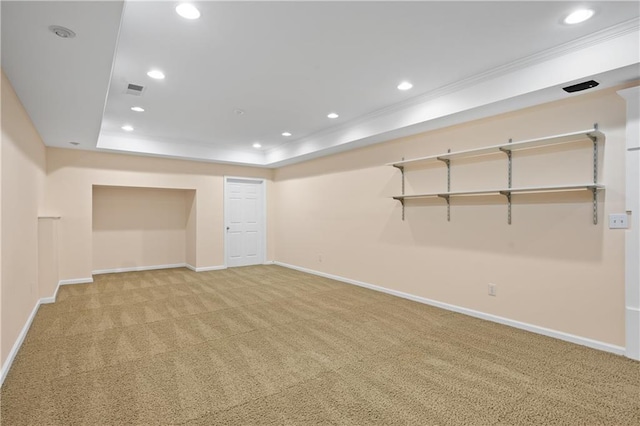 2595 Glaramara Ter, Cumming, GA 30041 - below grade area with carpet, recessed lighting, baseboards, and crown molding