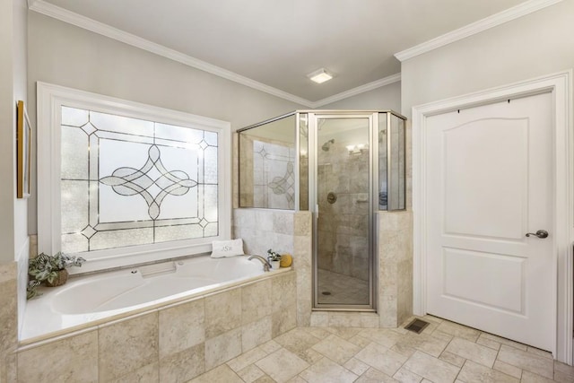 full bathroom with a bath, visible vents, crown molding, and a stall shower