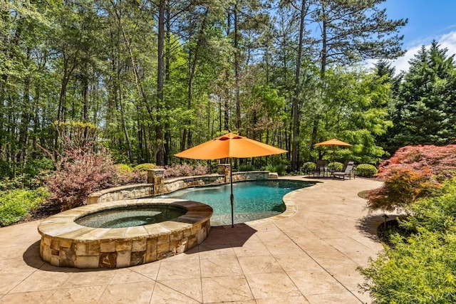 pool with a patio and an in ground hot tub