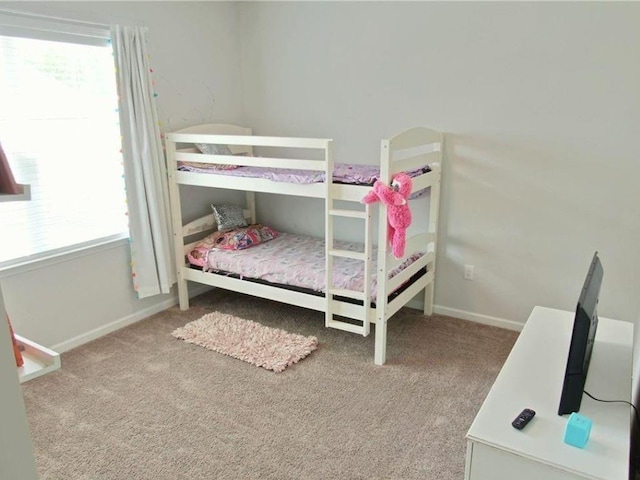 bedroom featuring multiple windows and light carpet