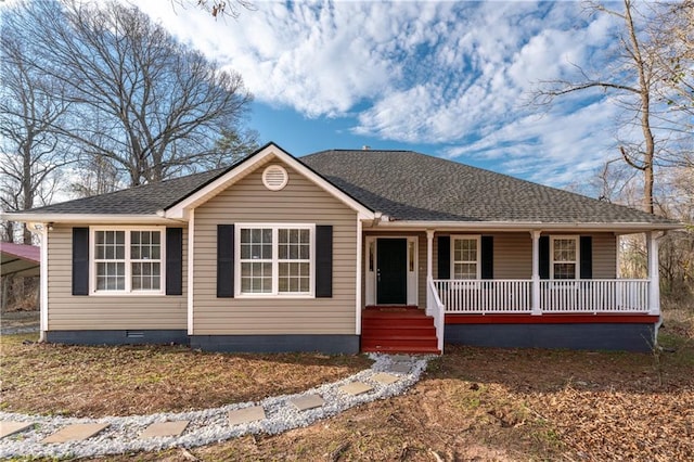 ranch-style house with crawl space, a porch, and a shingled roof