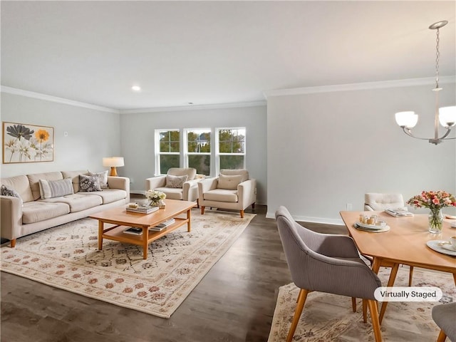 living room with a chandelier, crown molding, and dark hardwood / wood-style flooring