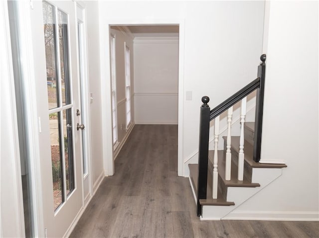 hallway featuring crown molding and wood-type flooring