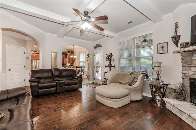 living room with a fireplace, a wealth of natural light, and dark wood-type flooring