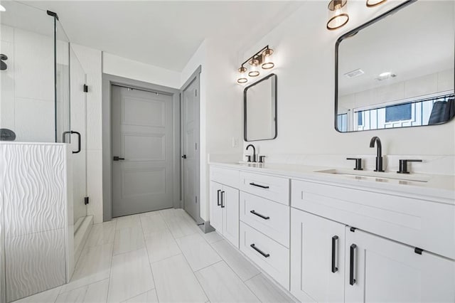 bathroom with vanity and plus walk in shower