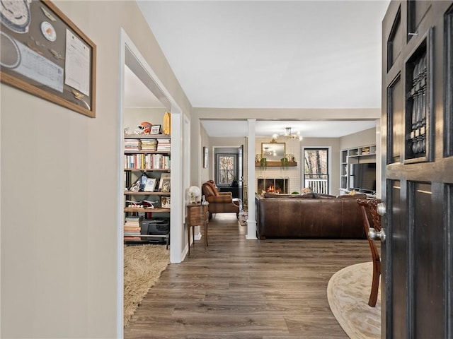 living room with dark wood-type flooring, a chandelier, built in features, and a fireplace