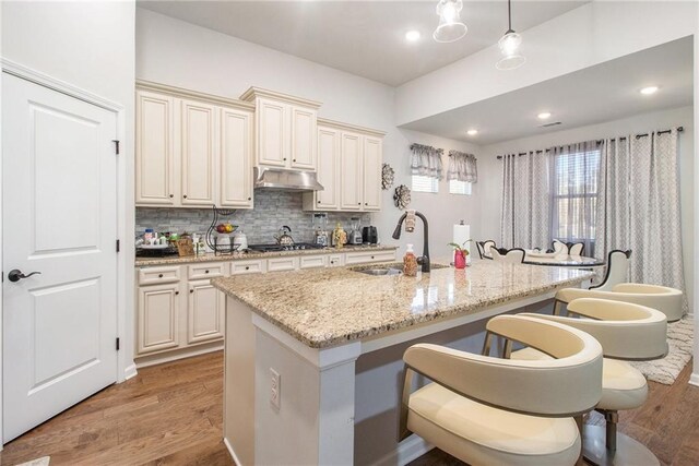 kitchen featuring cream cabinets, a kitchen island with sink, sink, and light stone countertops