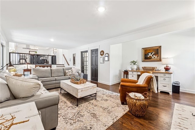 living area with ornamental molding, recessed lighting, dark wood finished floors, and baseboards