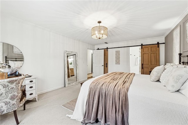 bedroom with crown molding, a barn door, baseboards, and light colored carpet