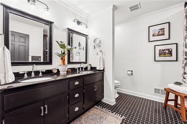 full bath featuring toilet, visible vents, a sink, and ornamental molding