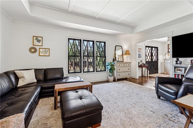 living area with baseboards, wood finished floors, and crown molding