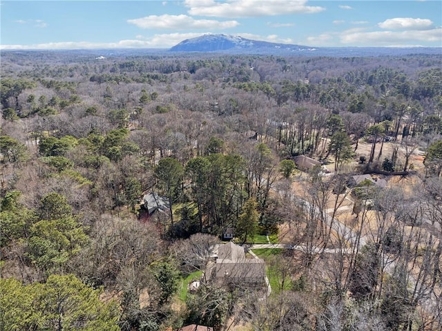 birds eye view of property featuring a mountain view and a wooded view