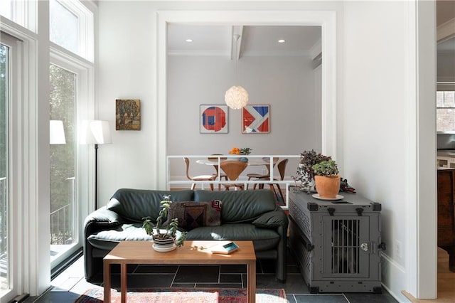 interior space with recessed lighting, beam ceiling, and ornamental molding