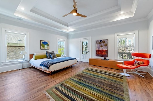 bedroom featuring a tray ceiling, multiple windows, and wood finished floors