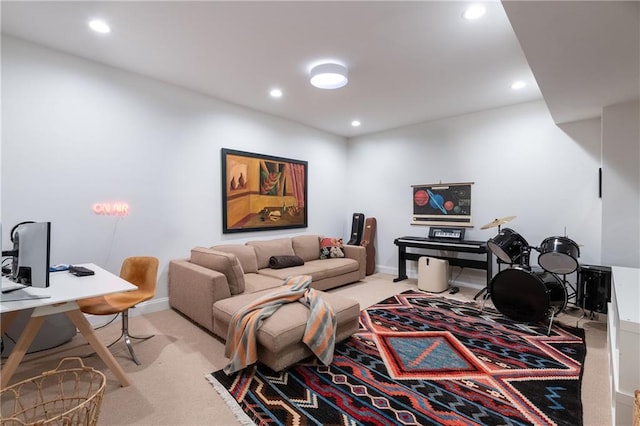 living area with recessed lighting, baseboards, and light colored carpet