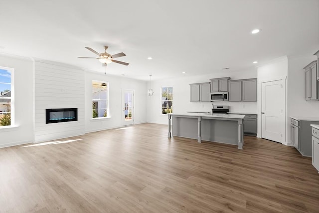 kitchen with open floor plan, stainless steel appliances, light wood finished floors, and gray cabinetry