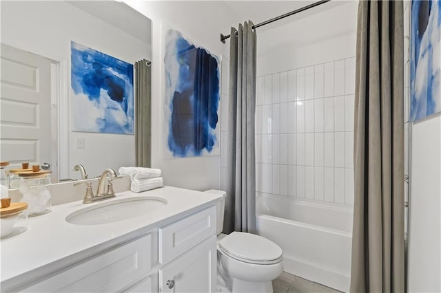 full bathroom featuring toilet, shower / tub combo, tile patterned floors, and vanity